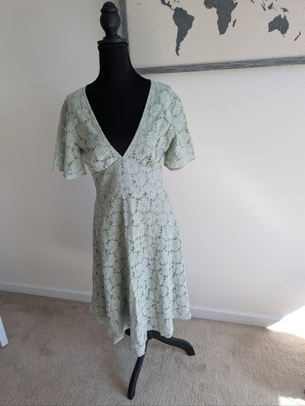 FRNCH Mint Lace V-Neck Midi Dress